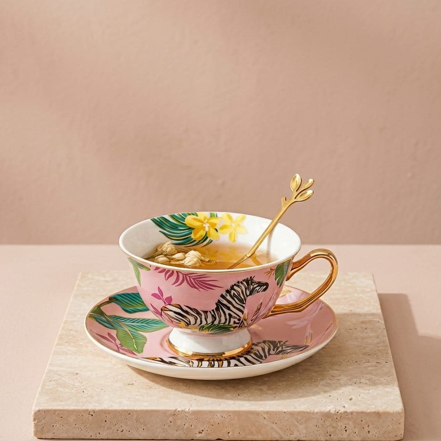 TAZA ELEGANTE CON ASA DORADA DISEÑO VARIADO CEBRA