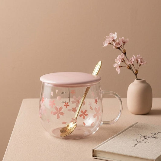 TAZA CON TAPA ROSADA Y CUCHARILLA DORADA EN FORMA DE FLOR