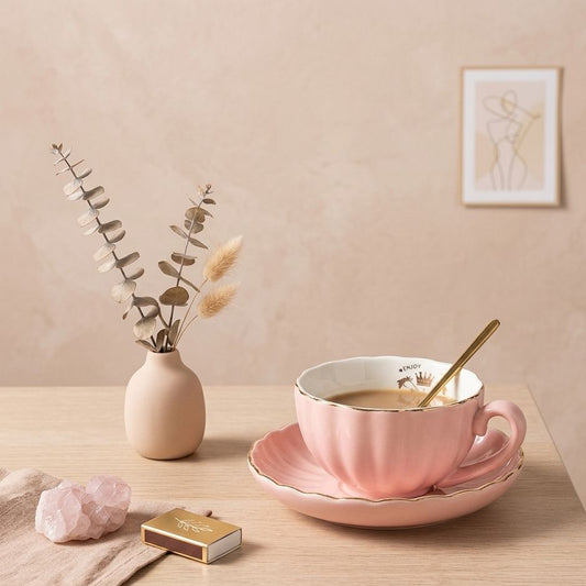 TAZA DE LINEAS CON PLATO Y CUCHARA BLANCA Y ROSADA