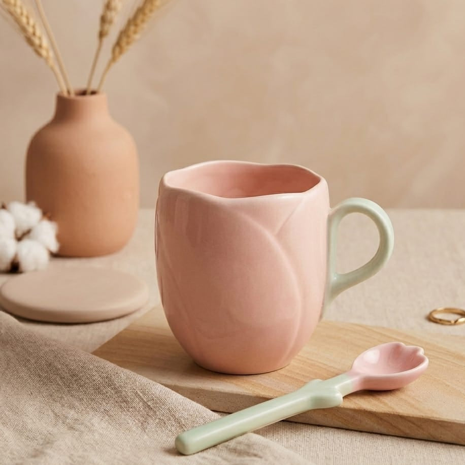TAZA DE TULIPANES CON CUCHARILLA