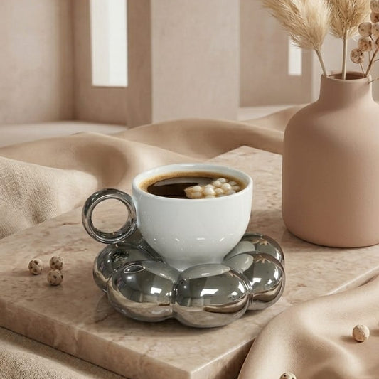 TAZA DE NUBE BLANCA CON PLATO PLATEADO  VIRAL