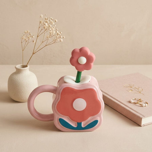 TAZA EN FORMA DE FLOR CON PITILLO DE FLOR COLORES VARIADOS