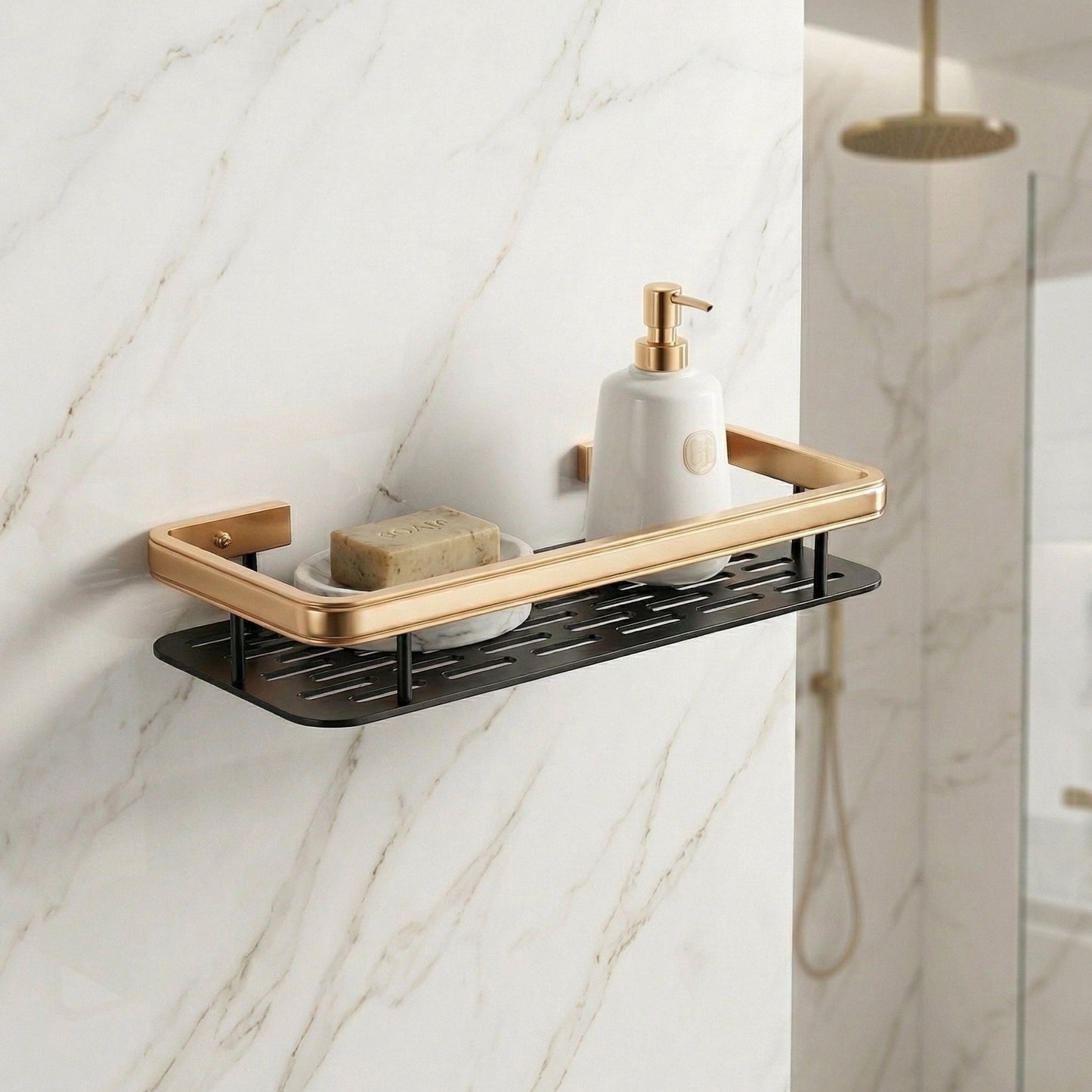ESTANTE RECTANGULAR PARA BANO CON BORDE DORADO UNA UNIDAD